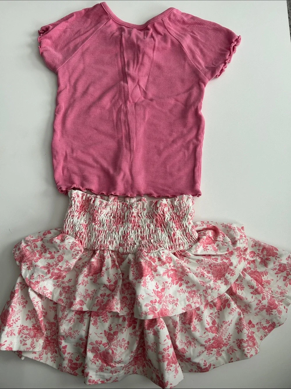 cheeky plum Pink Top and Floral Ruffle Skirt Set